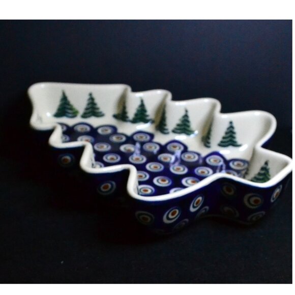 Authentic Boleslawiec Christmas Tree Design Dish Blue Peacock Eye Artisan Named - Picture 4 of 10